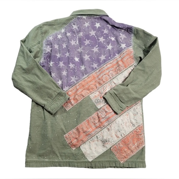 FREE PEOPLE Sz S SPRUCE MILITARY SHIRT JACKET AMERICAN FLAG ARMY GREEN Was $228 - Picture 6 of 17